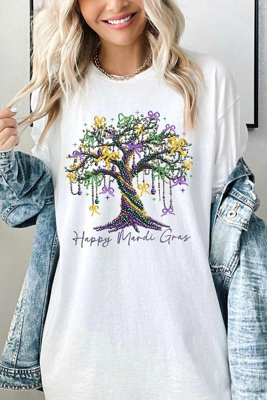 Happy Mardi Gras Tree Graphic Plus Heavy Cotton T