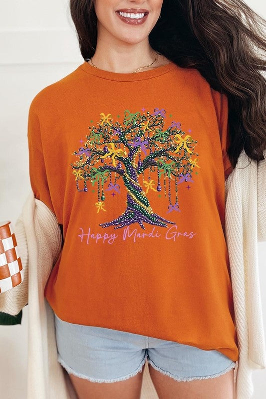 Happy Mardi Gras Tree Graphic Plus Heavy Cotton T