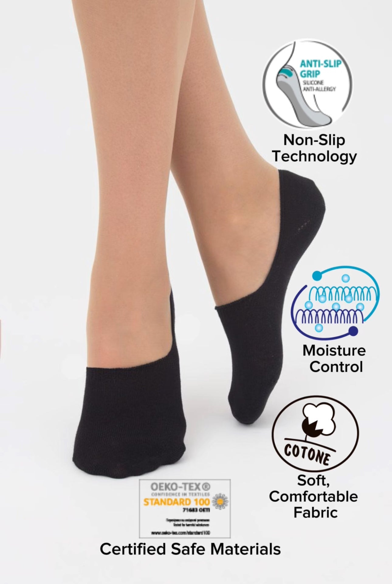 No Show Socks Set for Women - Soft, Breathable, Anti-Slip Socks with Silicone Grip, Invisible Design, Size 36/40, 3 pairs, Black/Light Grey Melange/Panna