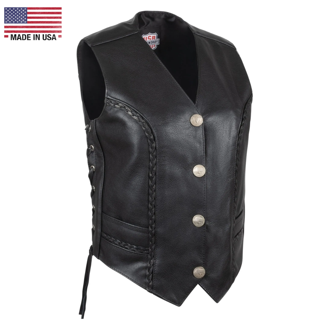 Legendary Vikla Chikla Women’s Leather Braided Motorcycle Vest w/Buffalo Nickel Snaps